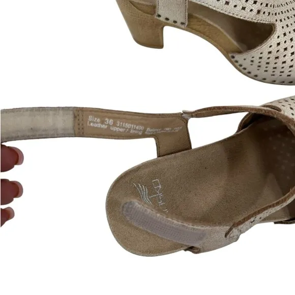 Dansko Beige Leather Perforated Slingback Sandals Wood-Look Block Heel SZ 36