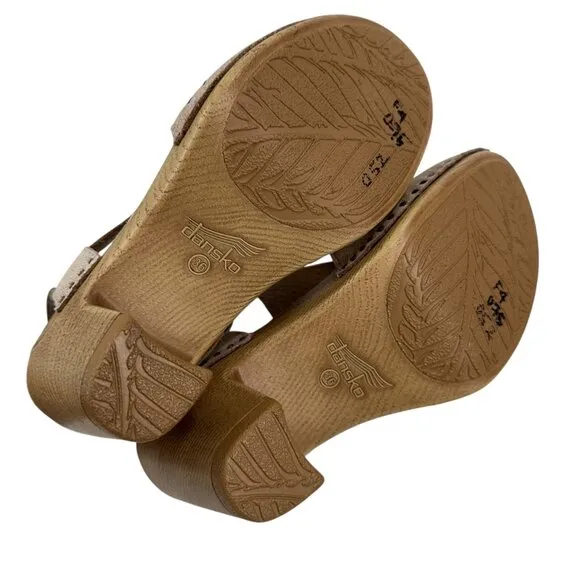 Dansko Beige Leather Perforated Slingback Sandals Wood-Look Block Heel SZ 36