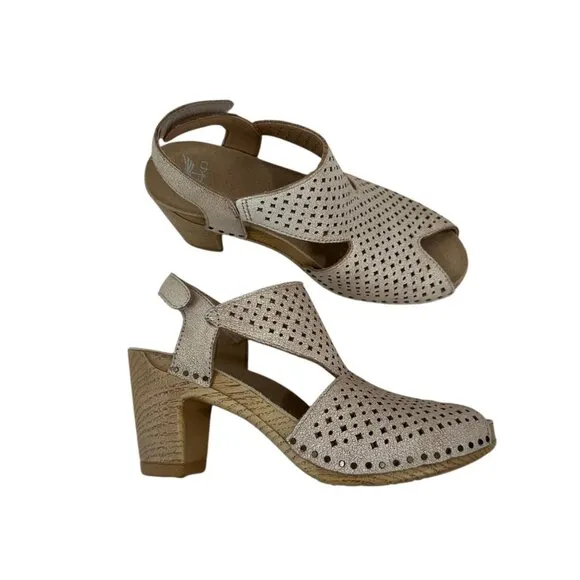 Dansko Beige Leather Perforated Slingback Sandals Wood-Look Block Heel SZ 36