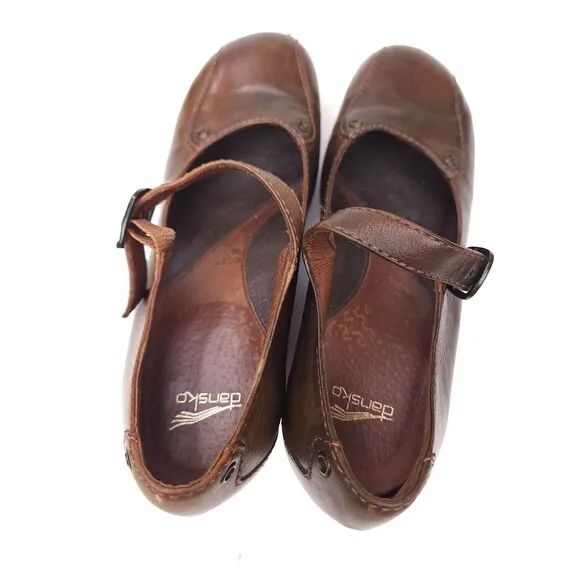 Dansko Fanny Brown Leather Mary Jane Wedge Shoes Women's Size EU 37 / US 6.5-7