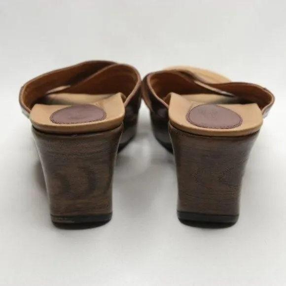 Dansko Neeci Women's Size 40 Brown &amp; Cream Leather Wedge Slide Sandals