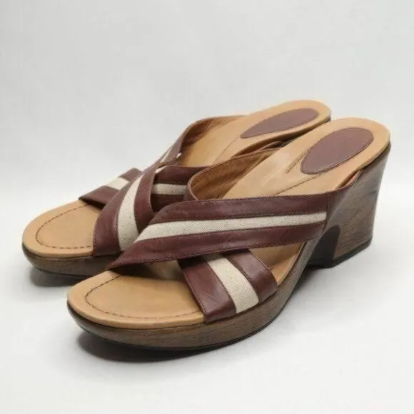 Dansko Neeci Women's Size 40 Brown &amp; Cream Leather Wedge Slide Sandals