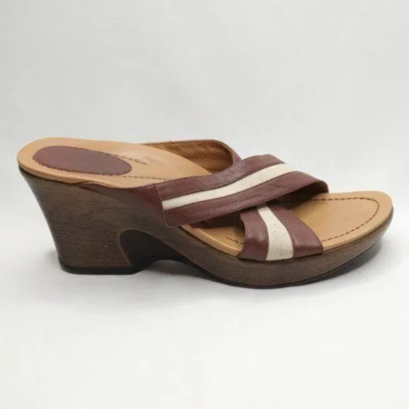 Dansko Neeci Women's Size 40 Brown &amp; Cream Leather Wedge Slide Sandals