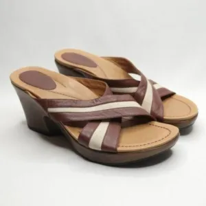 Dansko Neeci Women's Size 40 Brown &amp; Cream Leather Wedge Slide Sandals