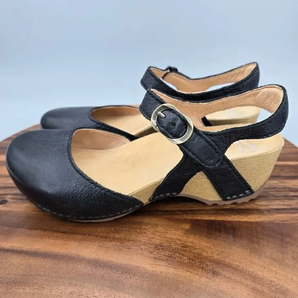 Dansko Sandals Women's 7.5 Black Milled Leather Tiffani Mary Jane Wedge Comfort