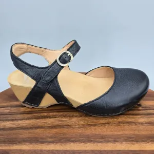 Dansko Sandals Women's 7.5 Black Milled Leather Tiffani Mary Jane Wedge Comfort