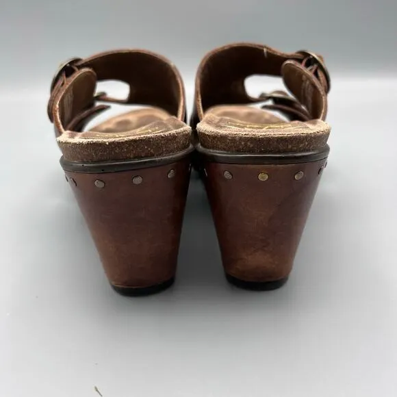 Dansko Wedge Heel Brown Leather Sandals Size 38 Double Strap Buckle Studs