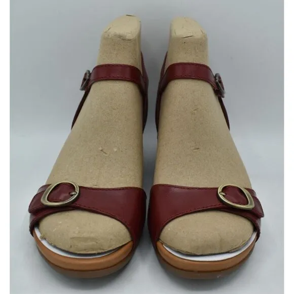 Dansko Womens EU 40 US 9.5-10 Arielle Red Glazed Leather Wedge Open Toe Sandals