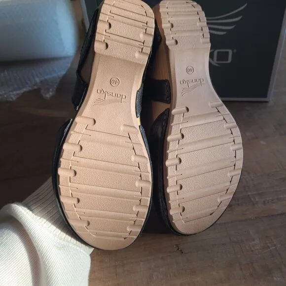 Dansko Womens Tiffani Milled Burnished Black Leather Wedge Sandals Size 40 EU