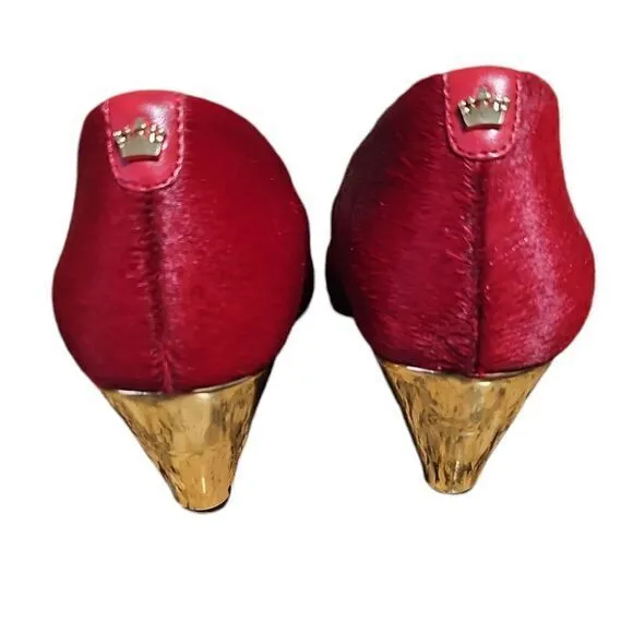 Dee Ocleppo Deesigns Red Pony Hair Pointed Toe Wedge Pumps Elegant Shoes 7.5
