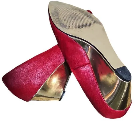 Dee Ocleppo Deesigns Red Pony Hair Pointed Toe Wedge Pumps Elegant Shoes 7.5