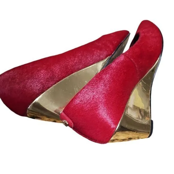 Dee Ocleppo Deesigns Red Pony Hair Pointed Toe Wedge Pumps Elegant Shoes 7.5