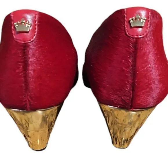 Dee Ocleppo Deesigns Red Pony Hair Pointed Toe Wedge Pumps Elegant Shoes 7.5