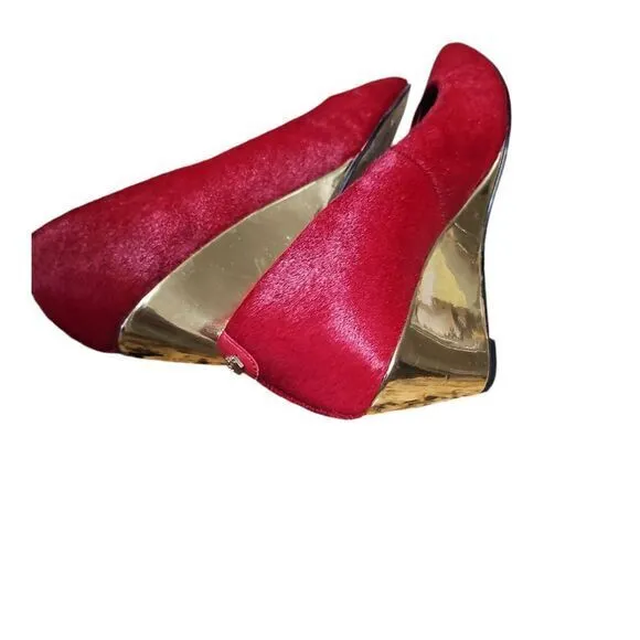 Dee Ocleppo Deesigns Red Pony Hair Pointed Toe Wedge Pumps Elegant Shoes 7.5