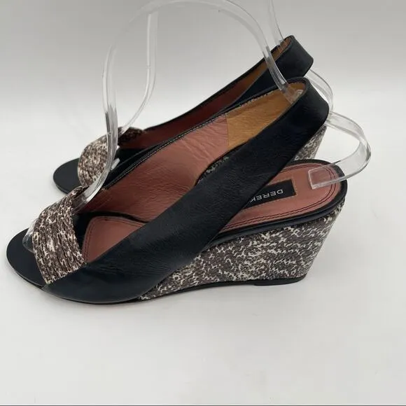DEREK LAM Snakeskin Wedge Black Leather Strappy Slingback Shoes Heels Size 7