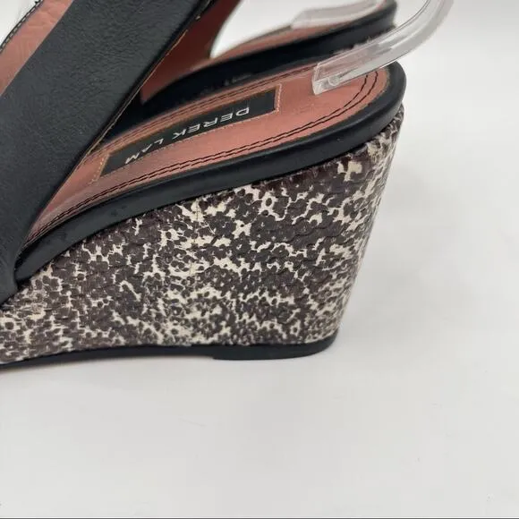 DEREK LAM Snakeskin Wedge Black Leather Strappy Slingback Shoes Heels Size 7