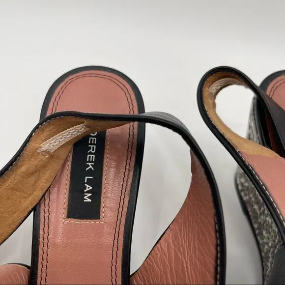DEREK LAM Snakeskin Wedge Black Leather Strappy Slingback Shoes Heels Size 7