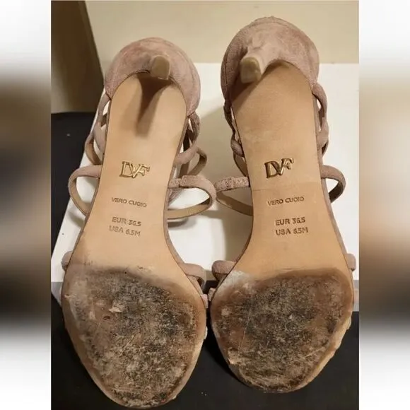 Diane Von Furstenberg &quot;Kalyan&quot; Tan Luxe Suede Strappy Heel Sandals sz.6.5  $298