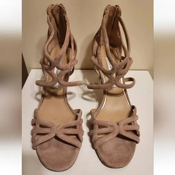 Diane Von Furstenberg &quot;Kalyan&quot; Tan Luxe Suede Strappy Heel Sandals sz.6.5  $298