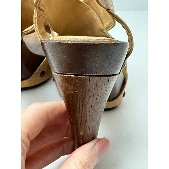 Diane Von Furstenberg Shoes Women 6 Tan Leather Open Toe Slingback Wood Heels
