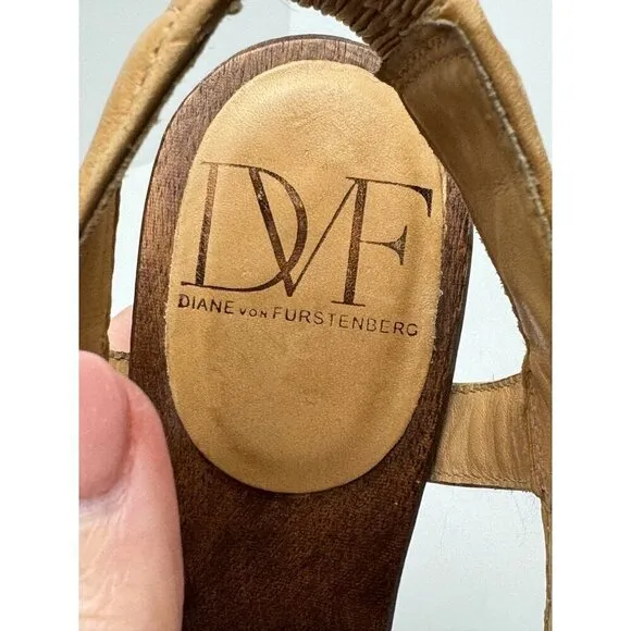 Diane Von Furstenberg Shoes Women 6 Tan Leather Open Toe Slingback Wood Heels