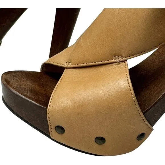 Diane Von Furstenberg Shoes Women 6 Tan Leather Open Toe Slingback Wood Heels