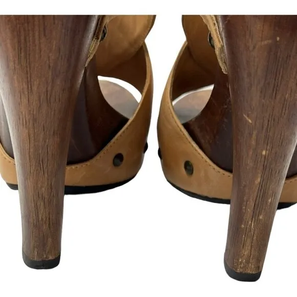 Diane Von Furstenberg Shoes Women 6 Tan Leather Open Toe Slingback Wood Heels