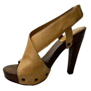 Diane Von Furstenberg Shoes Women 6 Tan Leather Open Toe Slingback Wood Heels