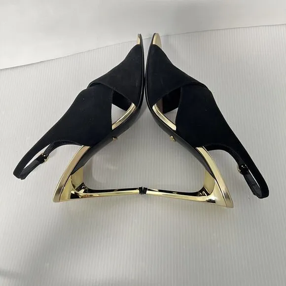 Diane von Furstenberg Vick Cross Sandals Size 9 Suede Leather Gold Heel Italy