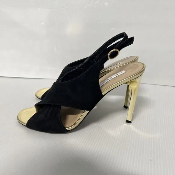 Diane von Furstenberg Vick Cross Sandals Size 9 Suede Leather Gold Heel Italy