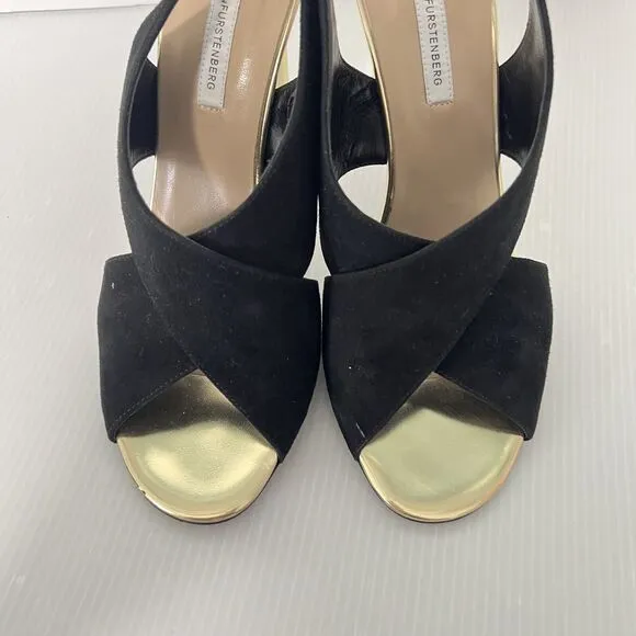 Diane von Furstenberg Vick Cross Sandals Size 9 Suede Leather Gold Heel Italy