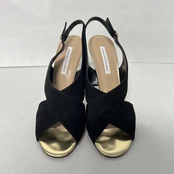 Diane von Furstenberg Vick Cross Sandals Size 9 Suede Leather Gold Heel Italy