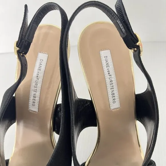 Diane von Furstenberg Vick Cross Sandals Size 9 Suede Leather Gold Heel Italy