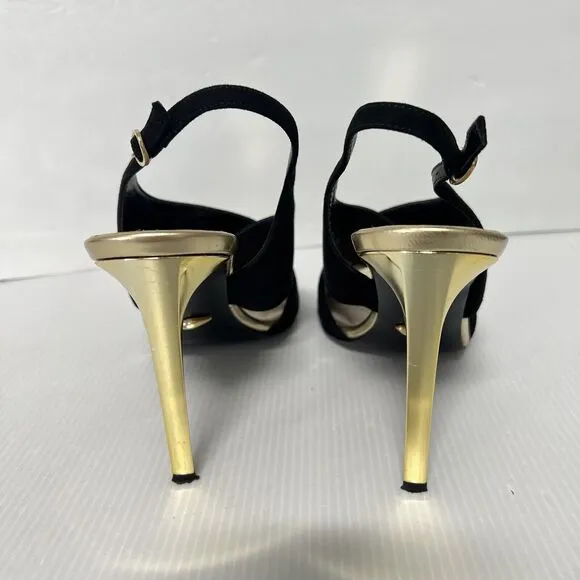 Diane von Furstenberg Vick Cross Sandals Size 9 Suede Leather Gold Heel Italy