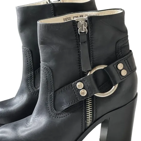 Diesel D-Flamingo Abz Harness Black Bovine Leather Block-heel Ankle Boots 8.5
