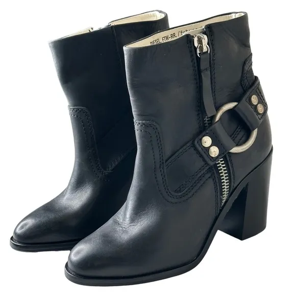 Diesel D-Flamingo Abz Harness Black Bovine Leather Block-heel Ankle Boots 8.5