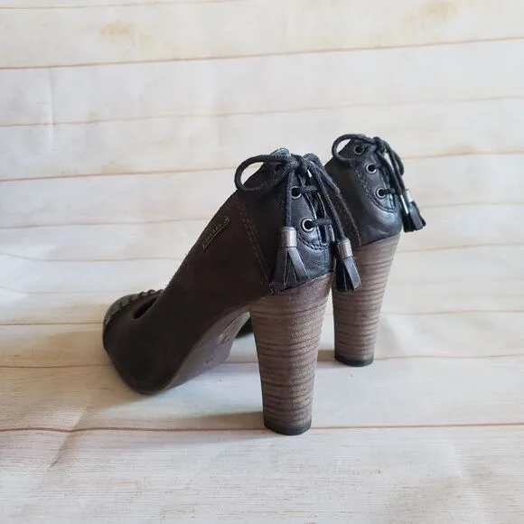 Diesel Leather Suede Round Toe Studded Tassel Heel Pumps Shoes Brown Size 39