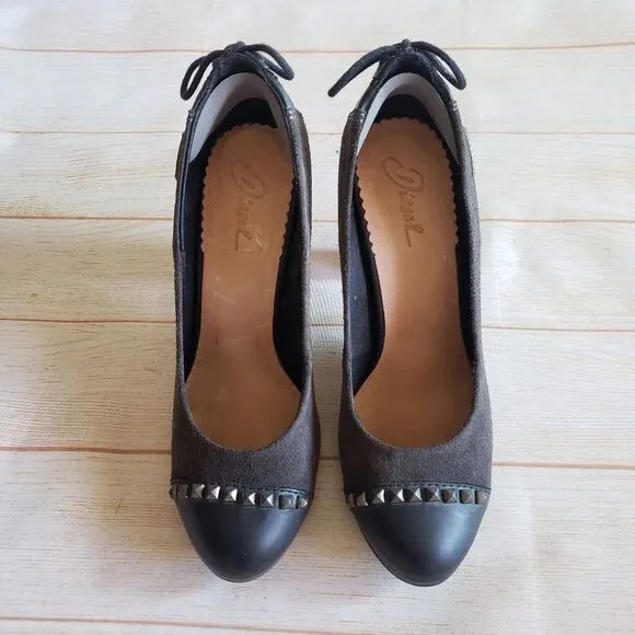 Diesel Leather Suede Round Toe Studded Tassel Heel Pumps Shoes Brown Size 39