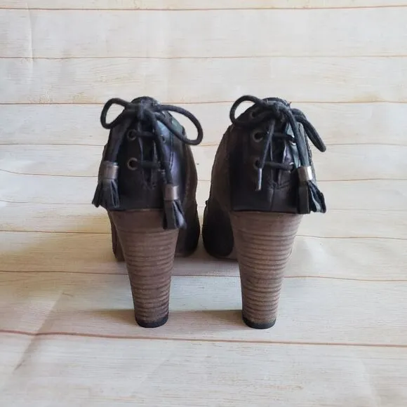 Diesel Leather Suede Round Toe Studded Tassel Heel Pumps Shoes Brown Size 39