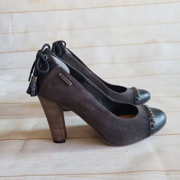 Diesel Leather Suede Round Toe Studded Tassel Heel Pumps Shoes Brown Size 39