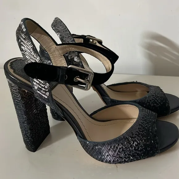 DIOR Sandals Retail Price $965.00 Sequin Block Heel - Black Blue Size 35