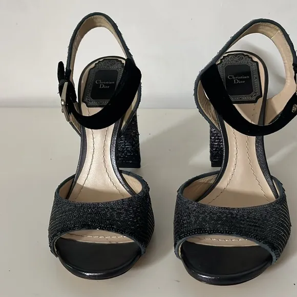 DIOR Sandals Retail Price $965.00 Sequin Block Heel - Black Blue Size 35