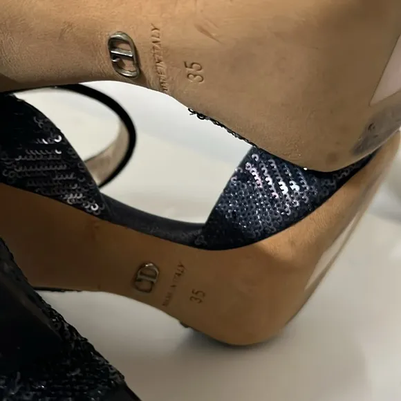DIOR Sandals Retail Price $965.00 Sequin Block Heel - Black Blue Size 35