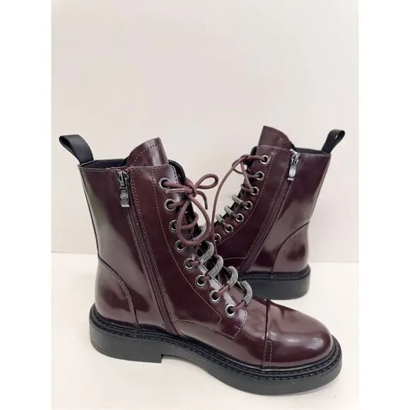 DKNY Boots Size 8 Womens Bordeaux Leather Lace Up Combat Block Heel NEW