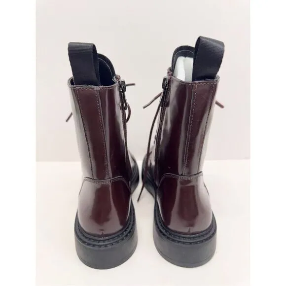 DKNY Boots Size 8 Womens Bordeaux Leather Lace Up Combat Block Heel NEW