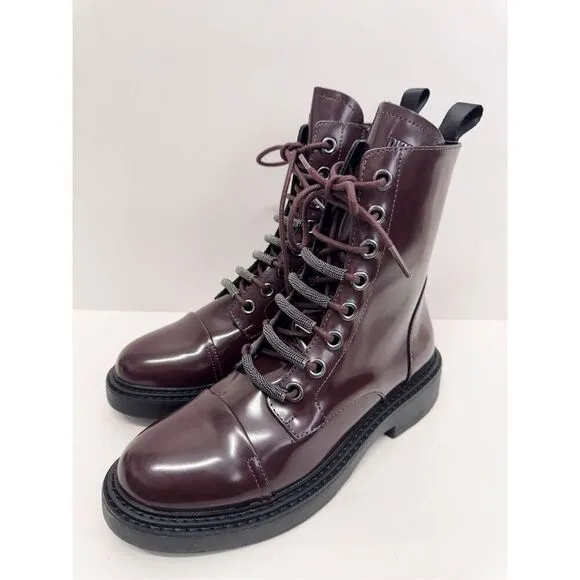 DKNY Boots Size 8 Womens Bordeaux Leather Lace Up Combat Block Heel NEW