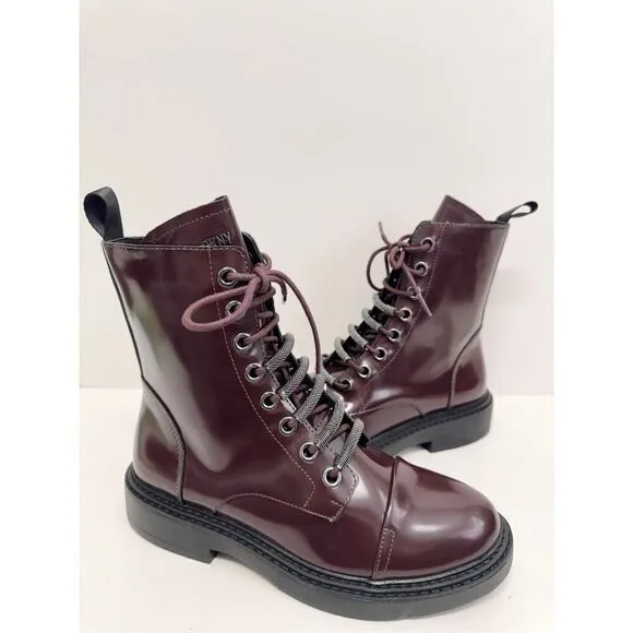 DKNY Boots Size 8 Womens Bordeaux Leather Lace Up Combat Block Heel NEW