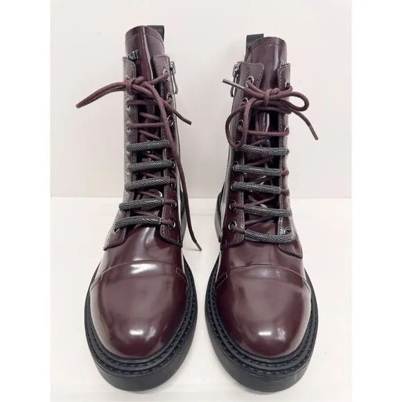 DKNY Boots Size 8 Womens Bordeaux Leather Lace Up Combat Block Heel NEW