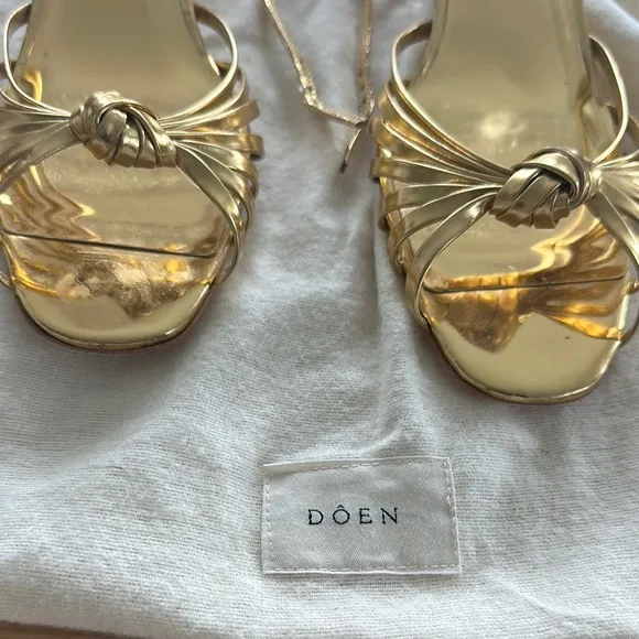 Doen Gold Strappy Sandals with Kitten Heel
