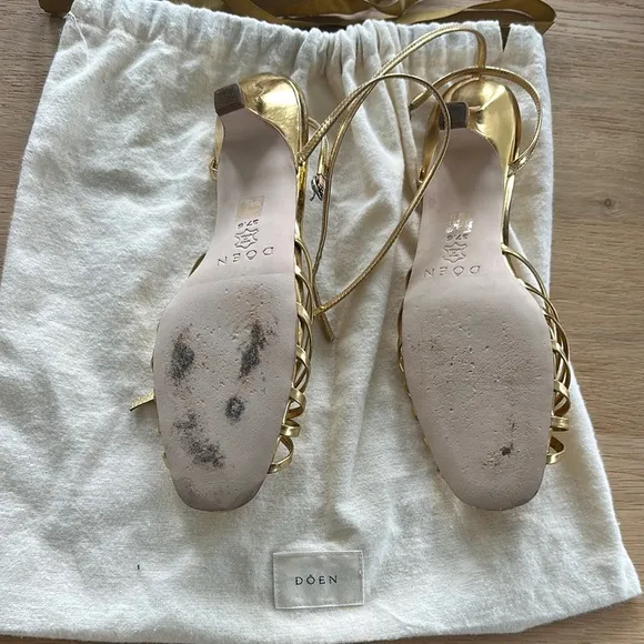 Doen Gold Strappy Sandals with Kitten Heel